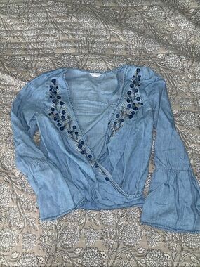 Aeropostale Light Blue Embroidered Wrap Blouse